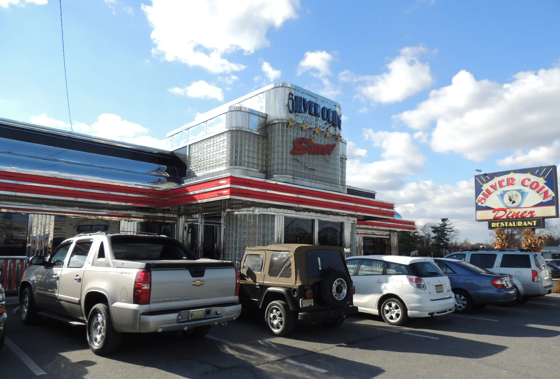 The chrome Silver Coin Diner and its roadside sign on White Horse Pike